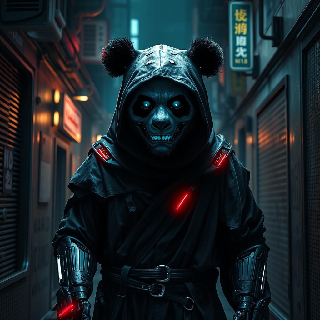 Eerie Neon Panda Ninja in Dystopian Alley