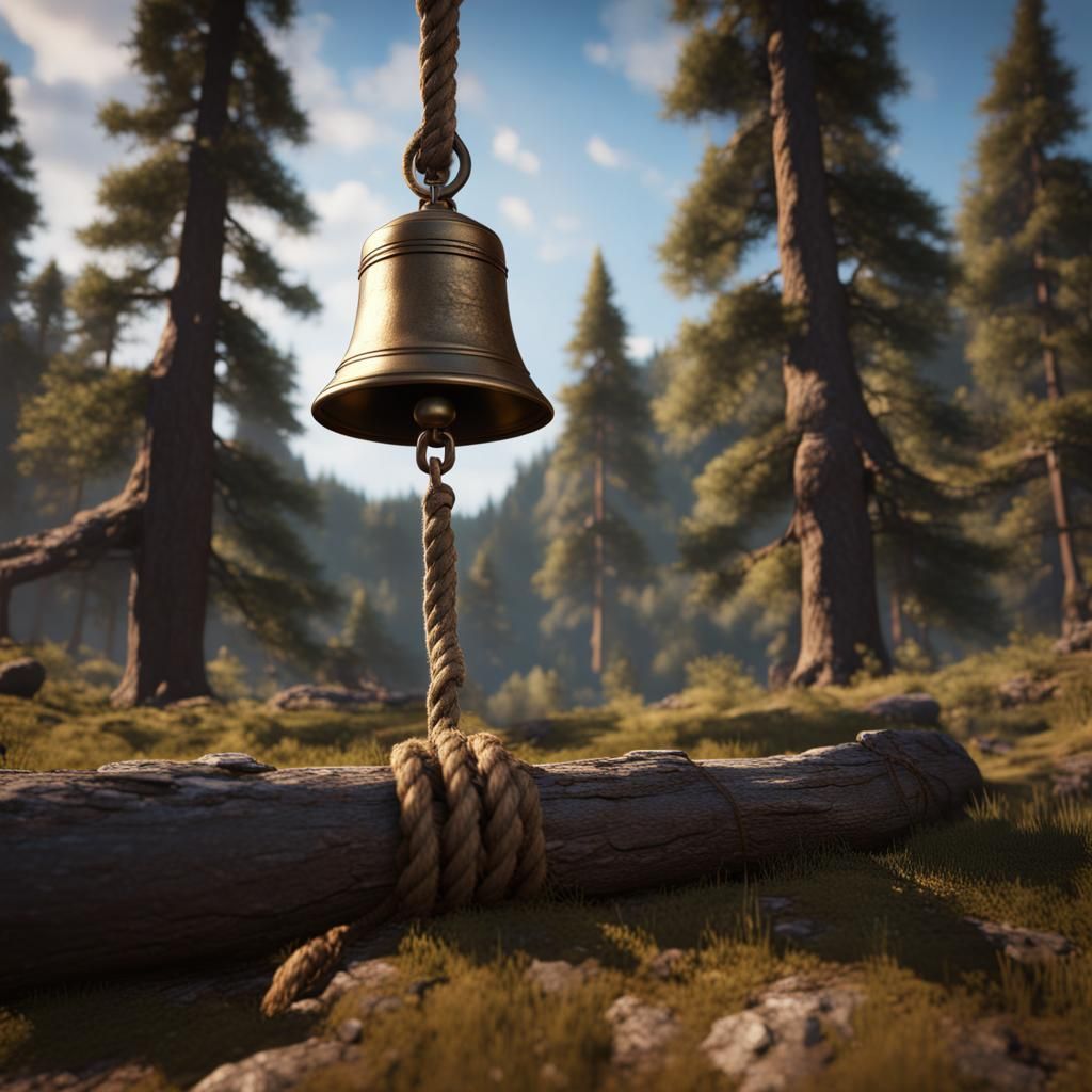 Epic 3D Bell Scene with Intricately Detailed Pine Trees