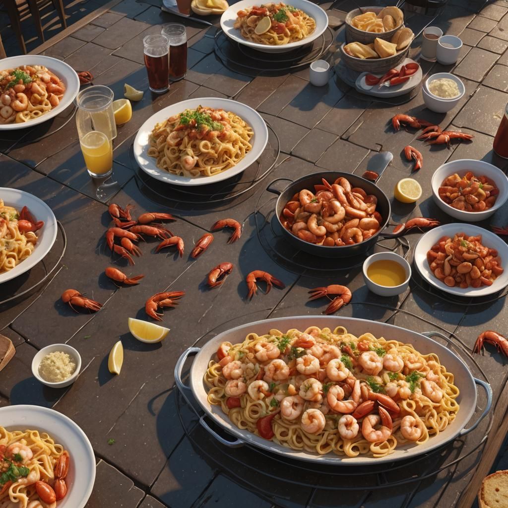 Shrimp and Crawfish Pasta with Garlic Bread