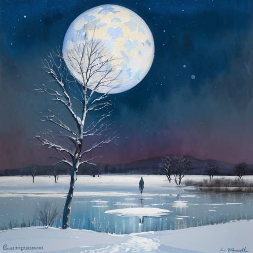 Ethereal Winter Moonlight Gouache Painting