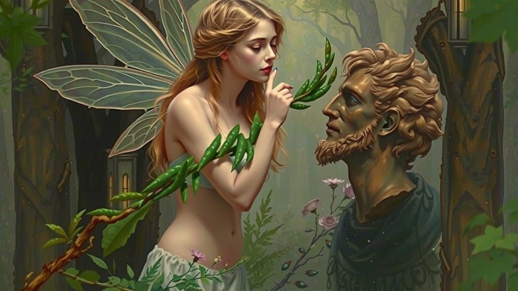 Pre-Raphaelite Fairy Woman Touches Adonis Statue