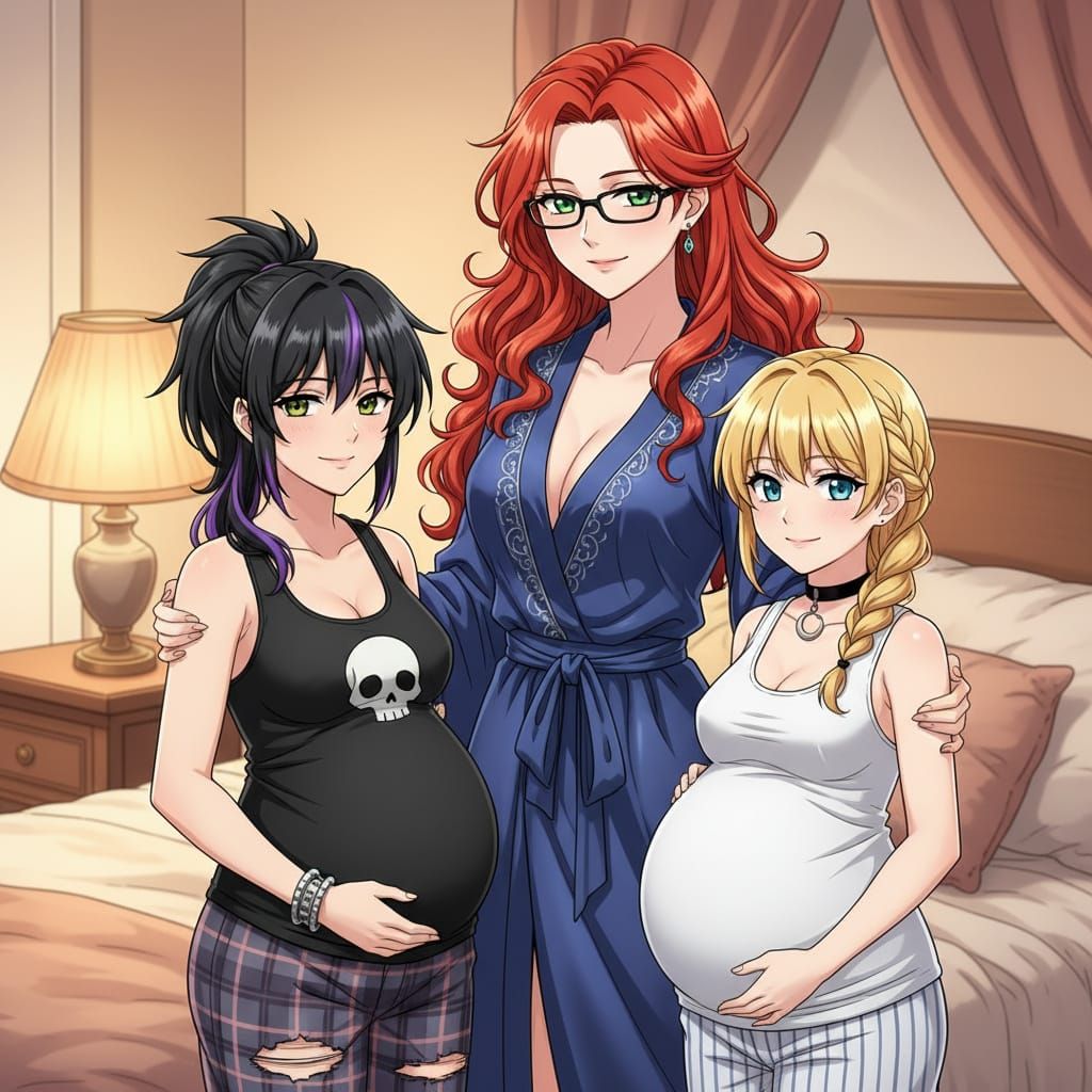 Shoujo Anime Scene: Red-Haired Woman With Pregnant Wives