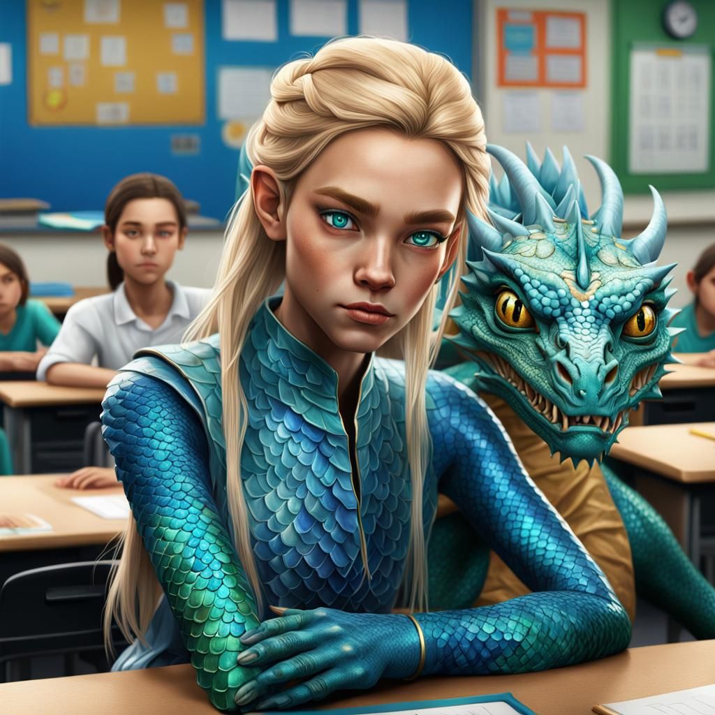 Girl with Split Human-Dragon Face in Classroom
