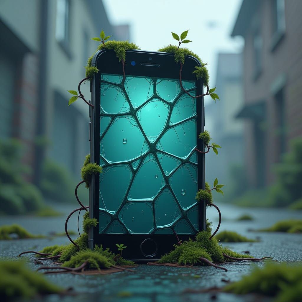 Nature's Reclamation: Vines Bursting from Shattered Phone
