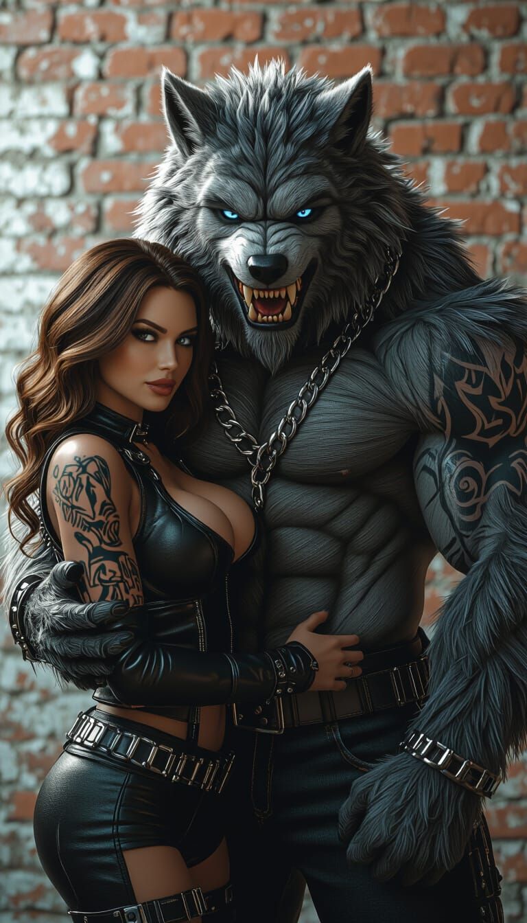 Werewolf with Lady in Leather on Brick Wall