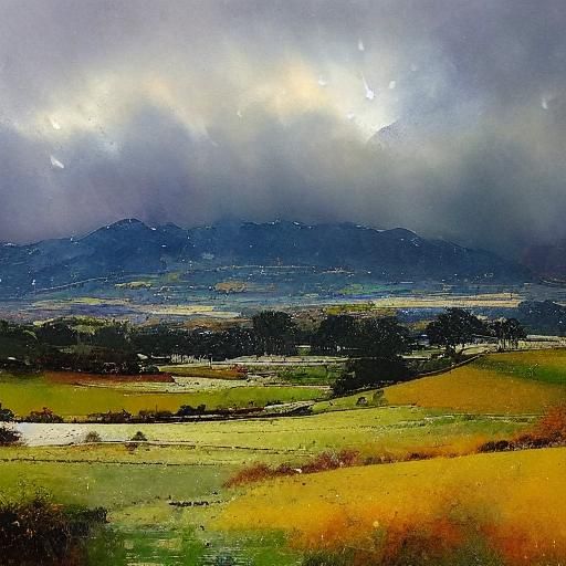 Sun and Rain in Hilly Landscape, Watercolor Style