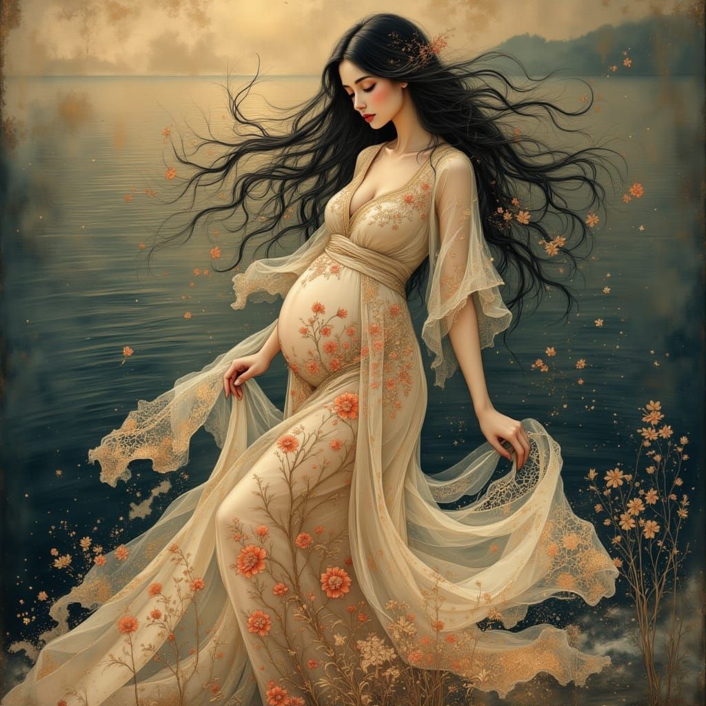 Pregnant Woman by the Ocean in Traditional Dress
