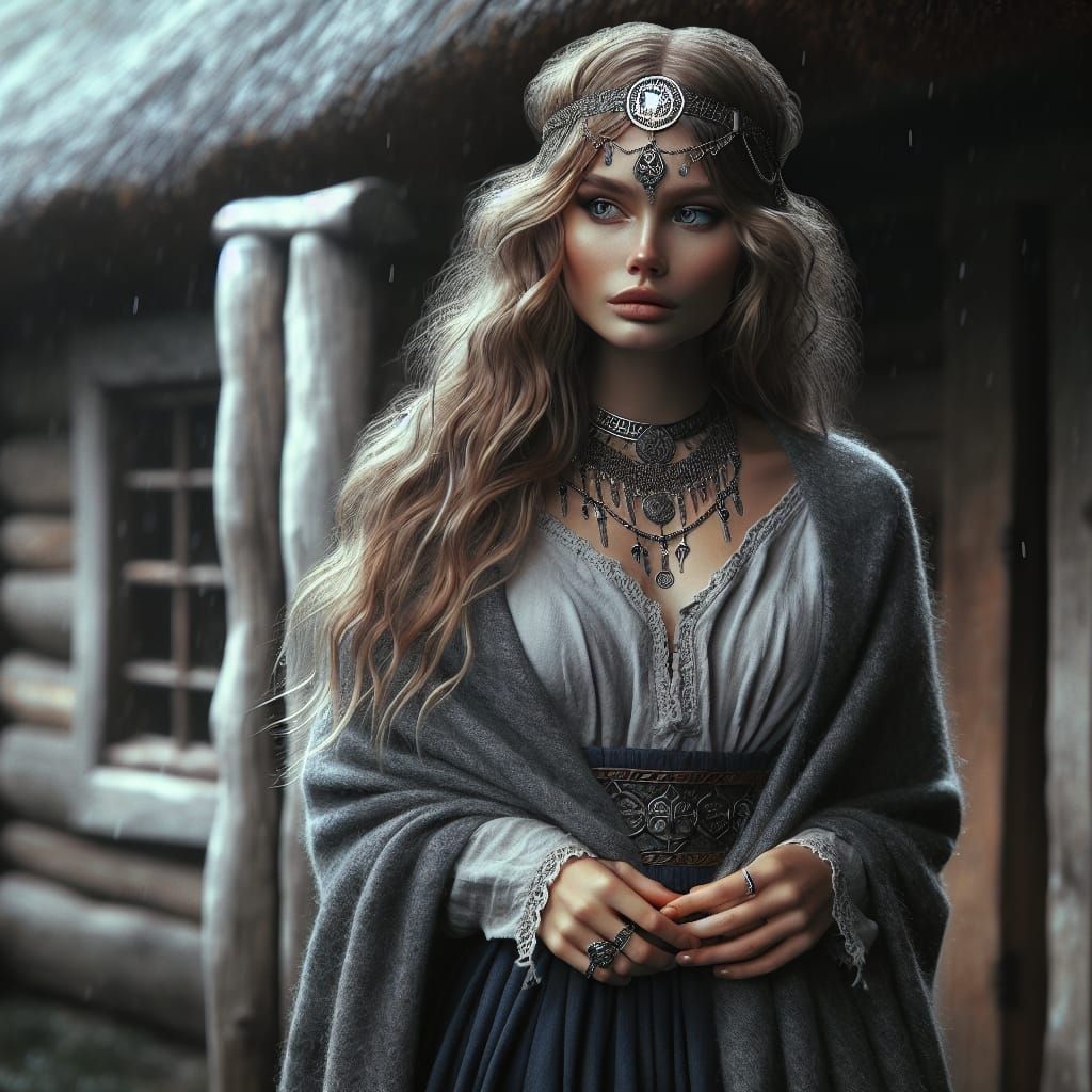 Latvian Rain Goddess in Pre-Raphaelite Style