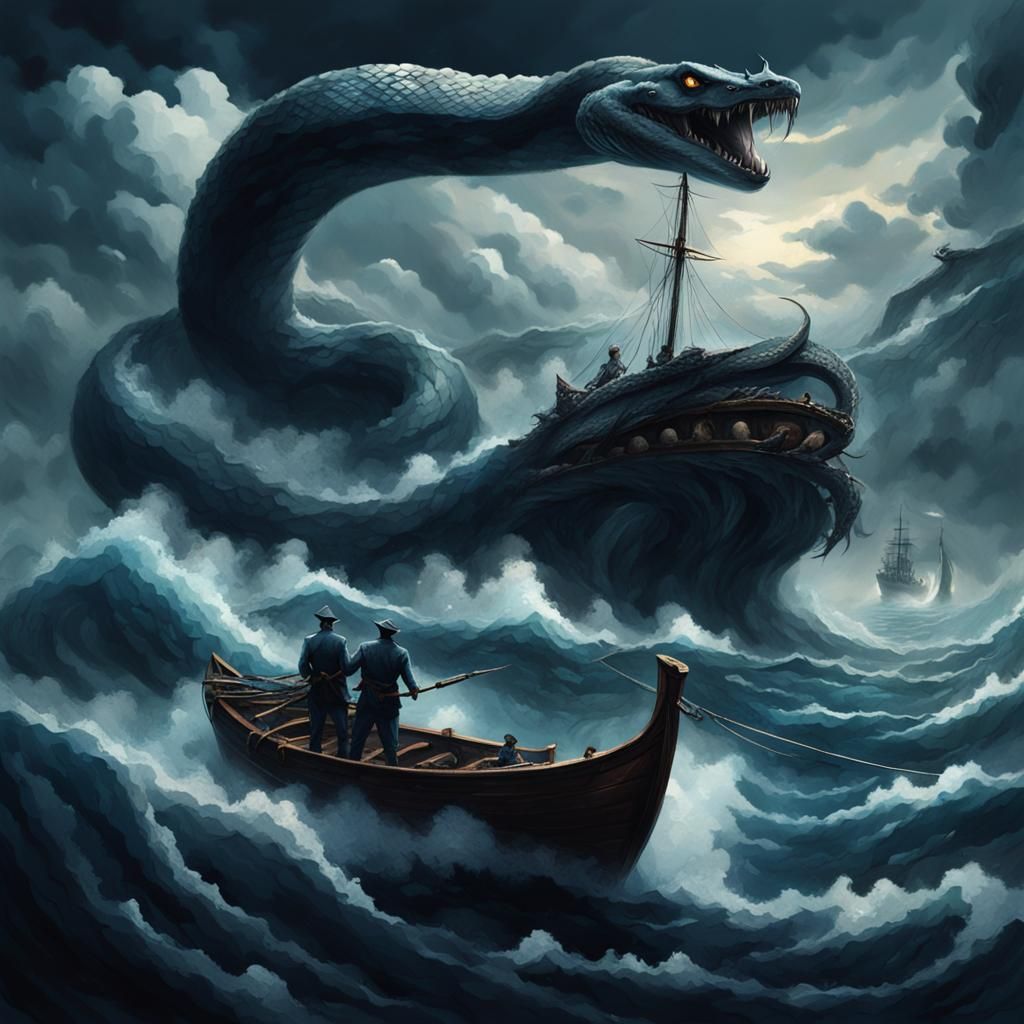 Giant Snake Monster Emerges from Stormy Sky