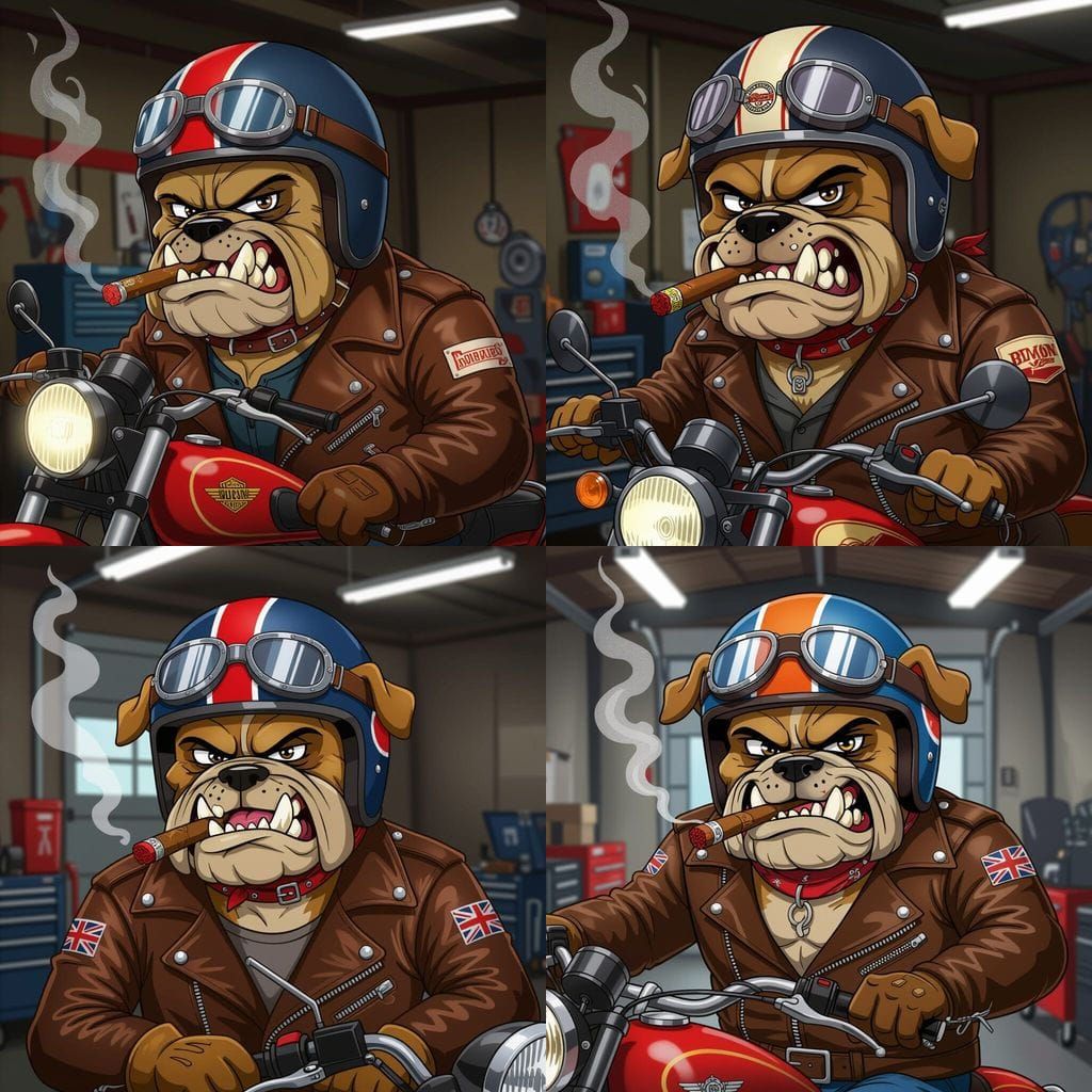 Cartoon Bulldog Mechanic with Cigar and Leather Helmet