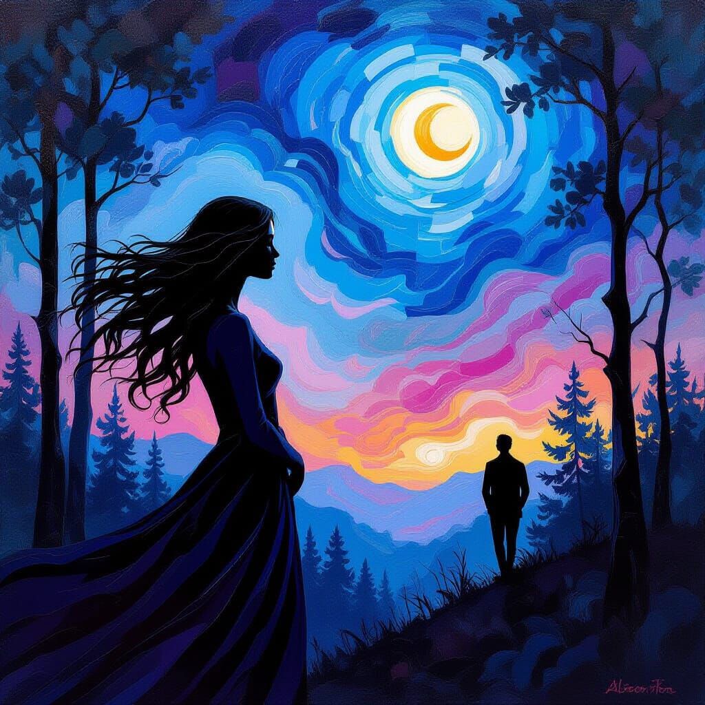Woman in Forest with Marbled Sky: Neo-Impressionist Style