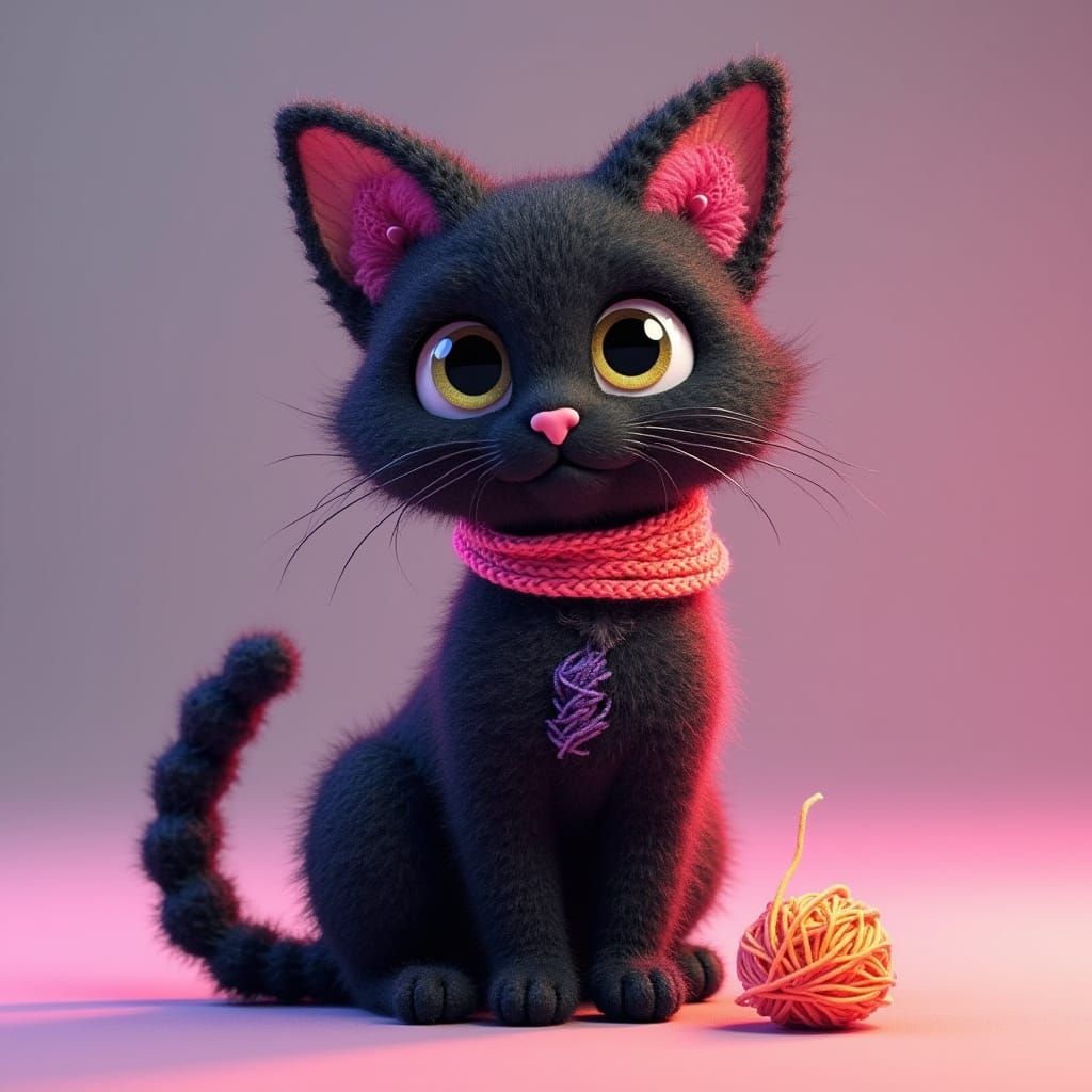 Vibrant Yarn Cat in 3D Anime Style