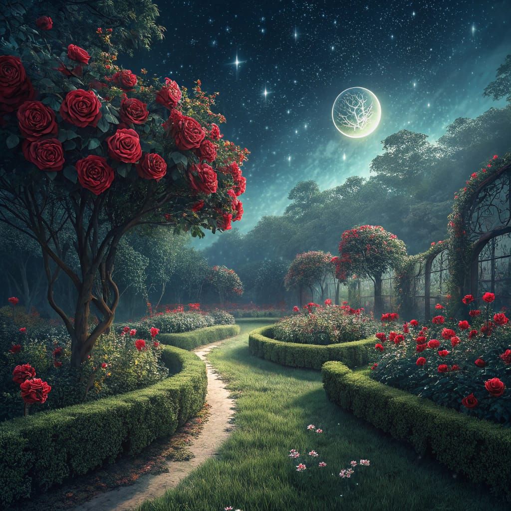 Ethereal Nocturnal Garden with Vibrant Red Roses and Celesti...