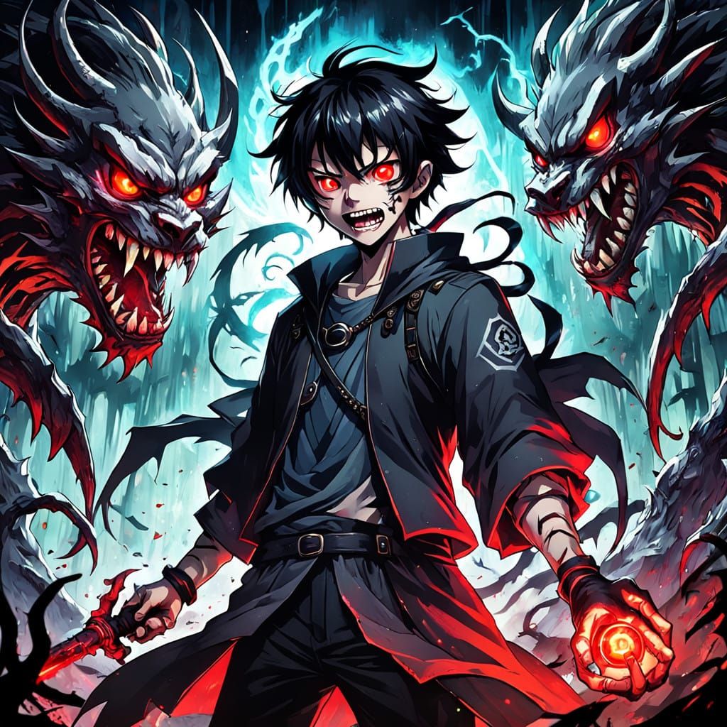Menacing Feral Boy with Red Eyes and Razor Teeth in Anime Ke...