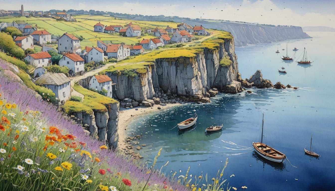 Harbor View Oil Painting with Wildflower Field