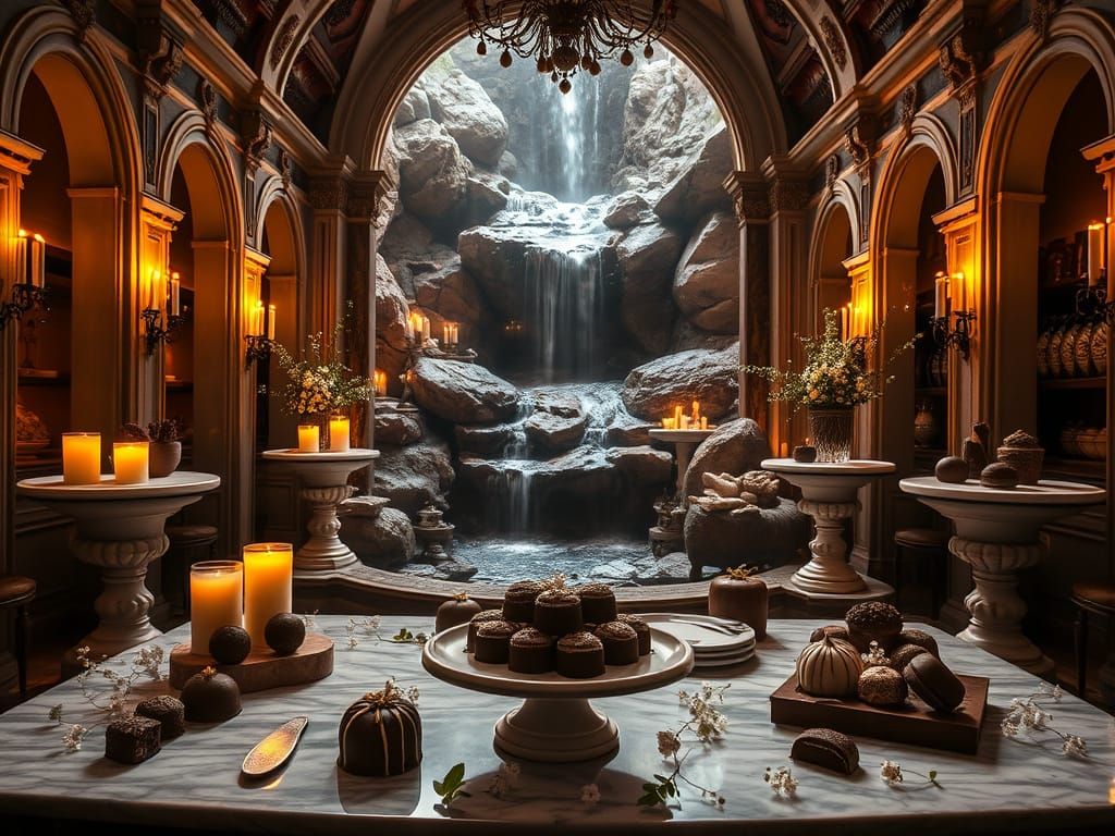Baroque Chocolate Atelier with Flowing Waterfall