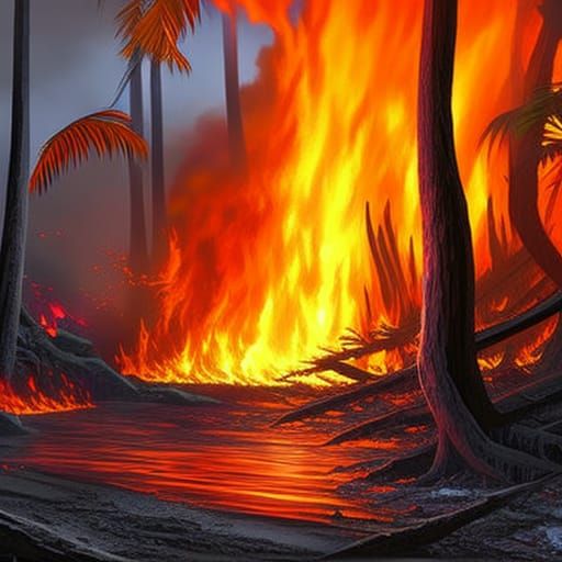 Hawaiian Forest Fire in Hyperrealistic Splash Art