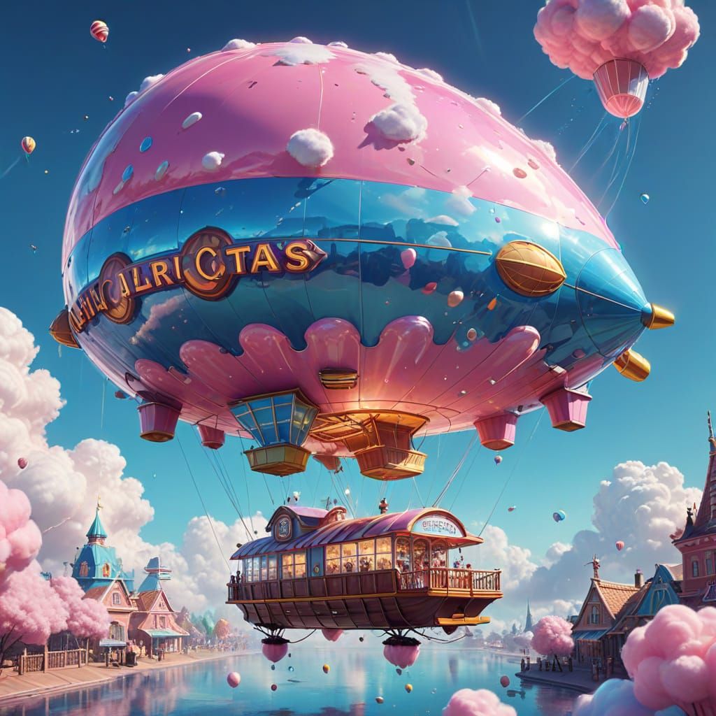 Cotton Candy Airship: Retro-Futuristic Digital Illustration