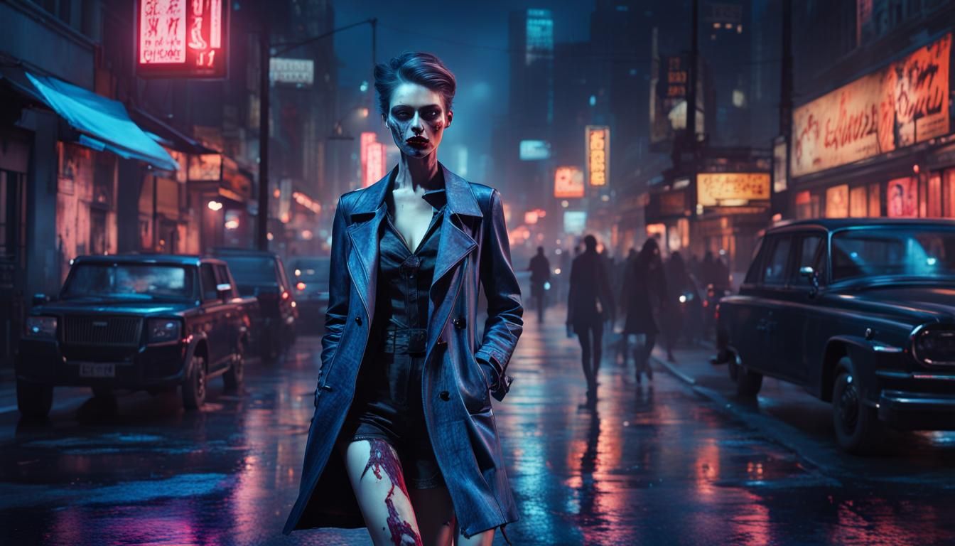Zombie Femme Fatale in Neon Cityscape