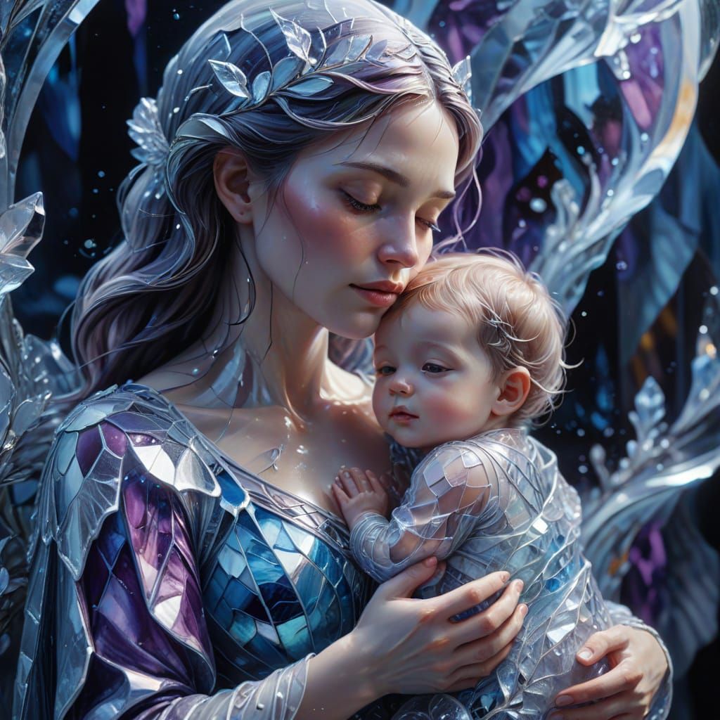 Luminous Ice Mother and Child in Stained Glass Style