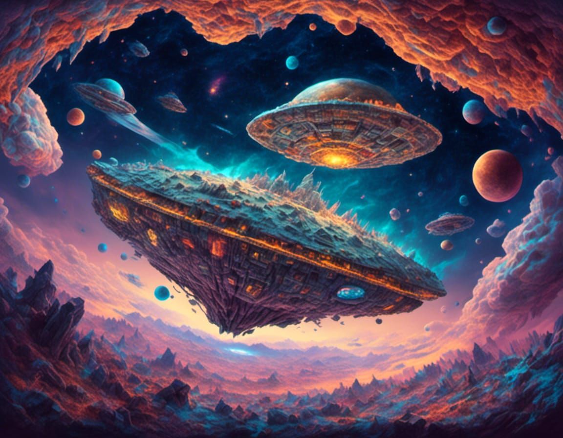 UFO Floats in Space with Nebula Background