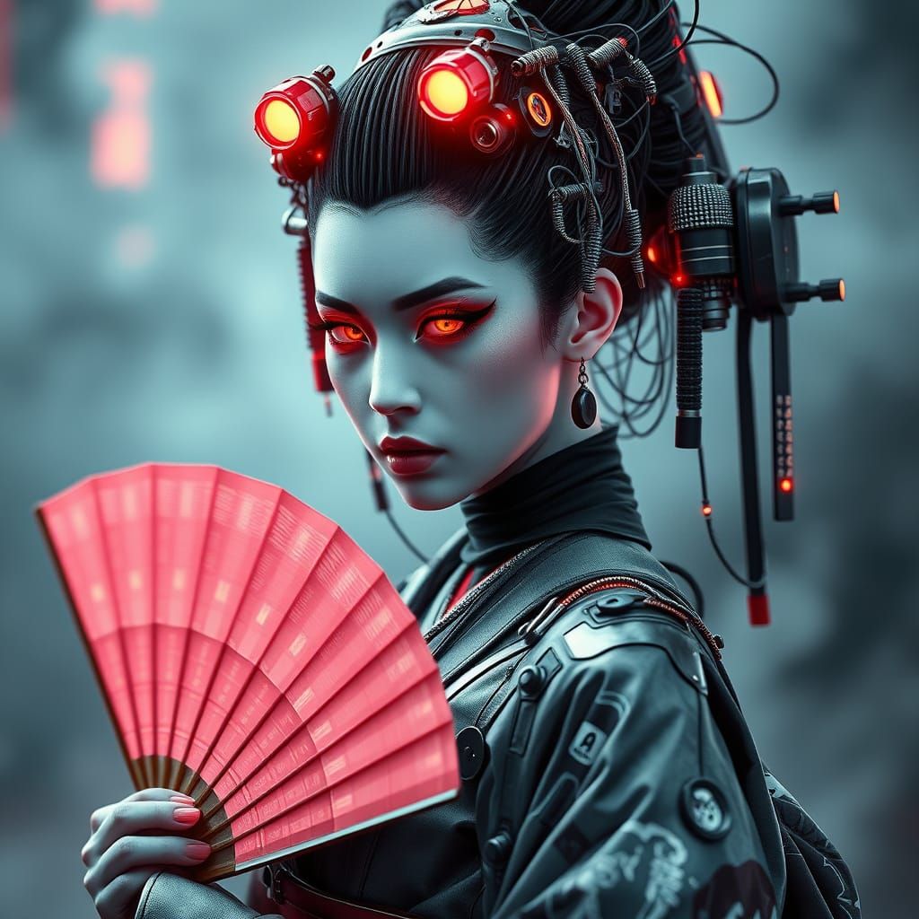 Cyberpunk Geisha Warrior with Biomechanical Kimono