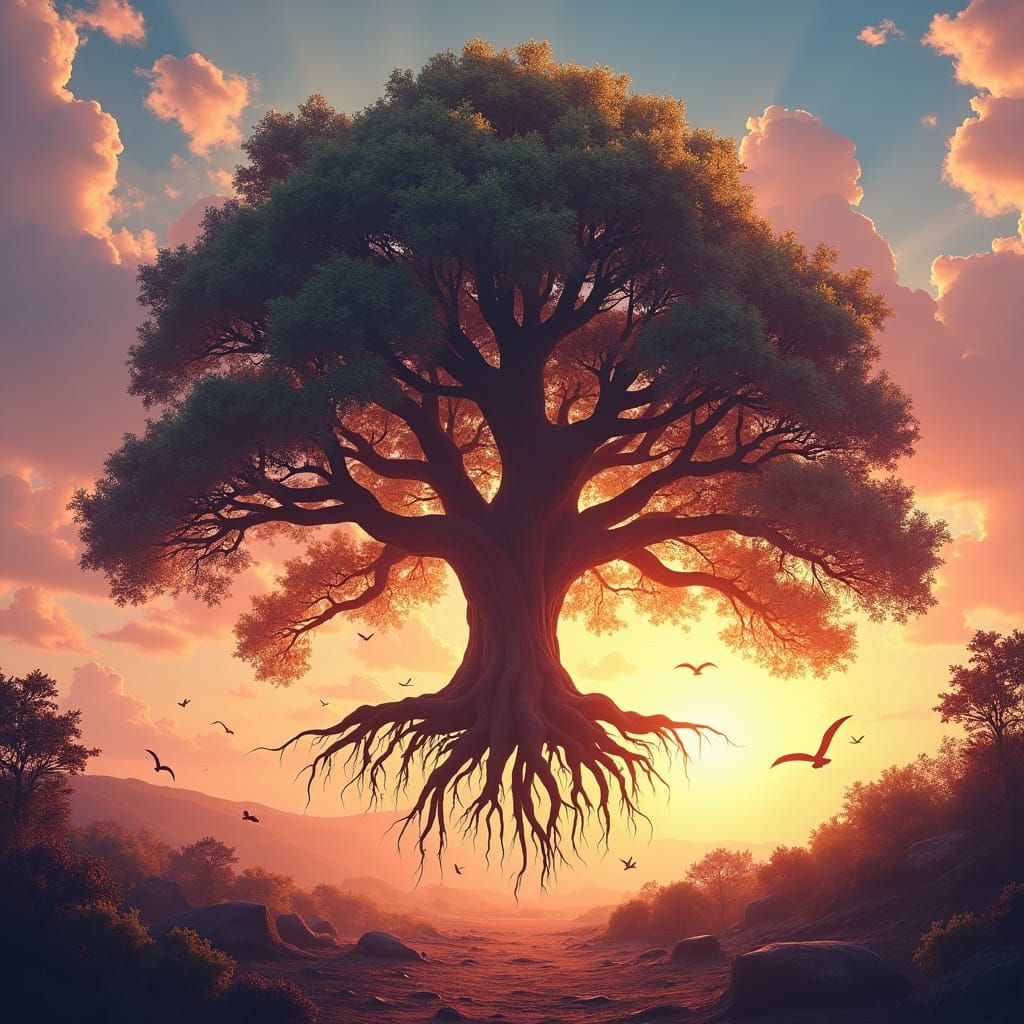 Surreal Floating Oak Trees at Sunrise: Matte Painting