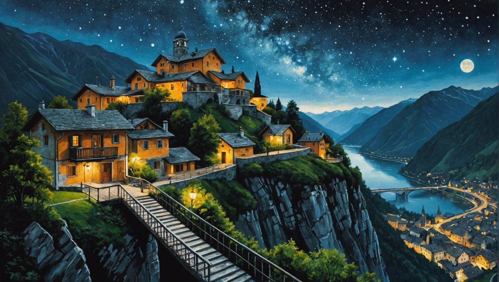 Surreal Night in Ticino, Switzerland as Oil Painting