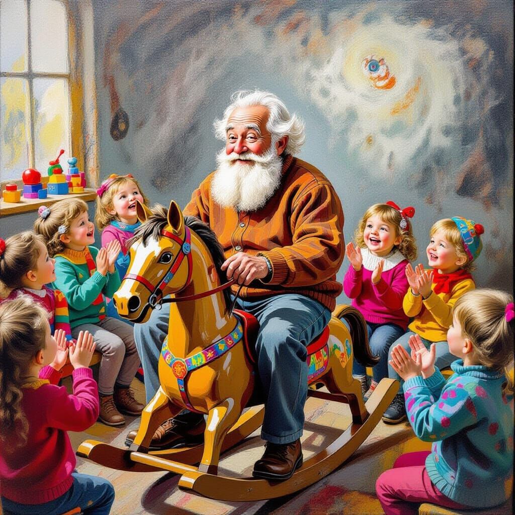 Delighted Children Watching Old Man on Rocking Horse