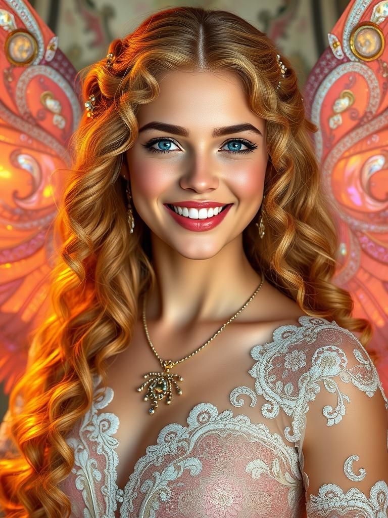 Euphoric Woman in Art Nouveau Style Gown