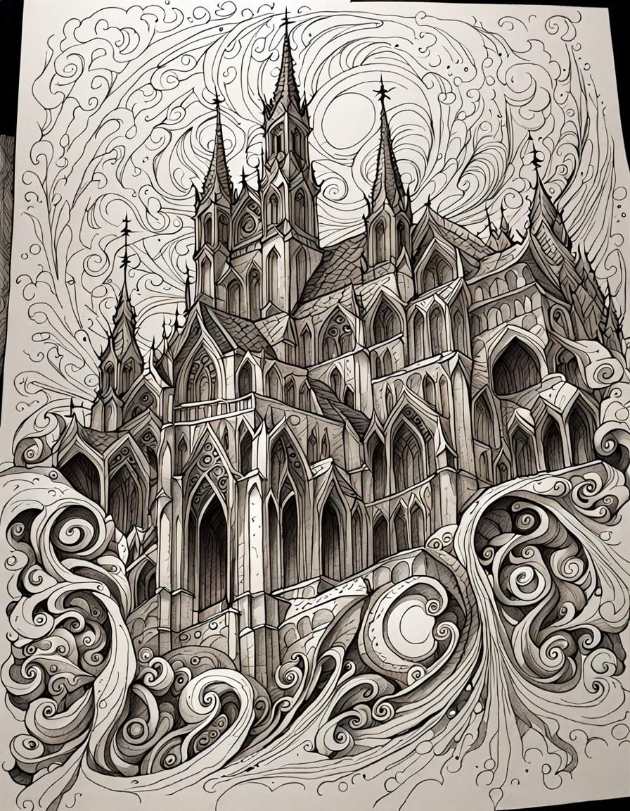 Abstract Cathedral: Detailed Pen and Ink Sketch