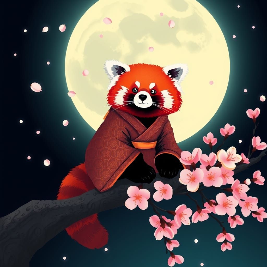 Red Panda in Kimono on Moonlit Cherry Blossom Branch