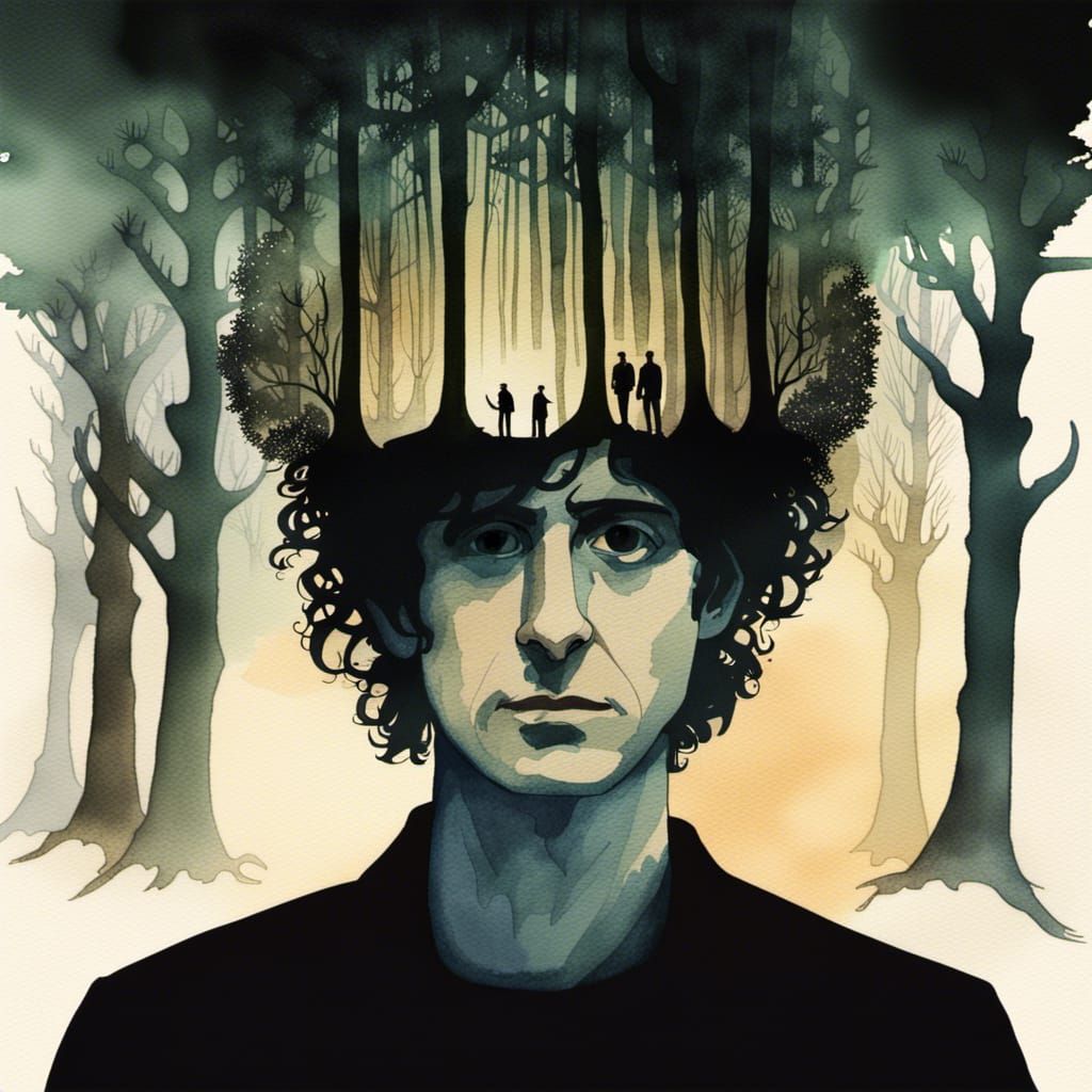 Surreal Forest on Man's Head in Watercolor