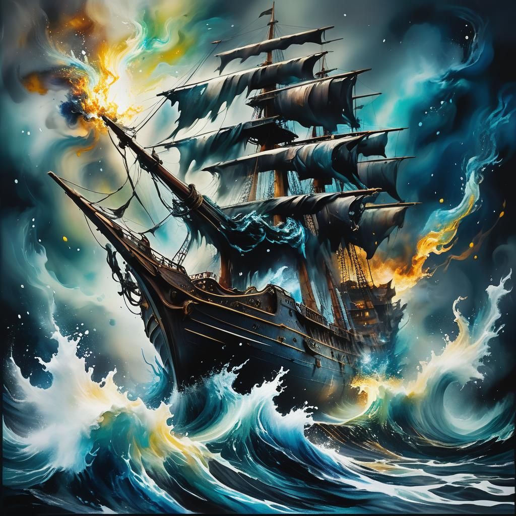 Water Elemental Attacks Ship: Fantasycore Watercolor Art
