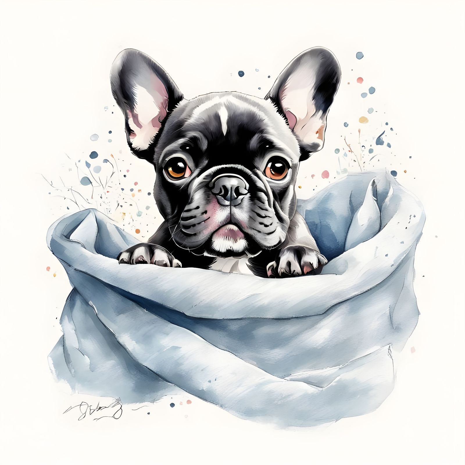French Bulldog puppy peeking out a shirt pocket