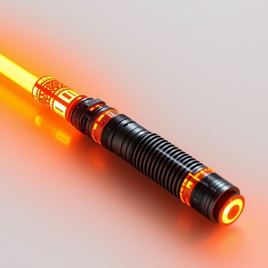 Sleek Sith Lightsaber with Golden-Orange Glow and Beskar-Dur...