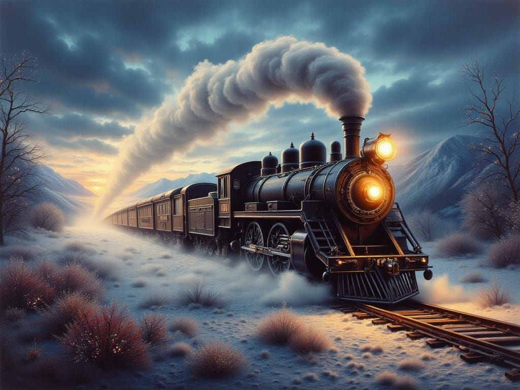 Vintage Steam Train Engine at Night Oil Painting