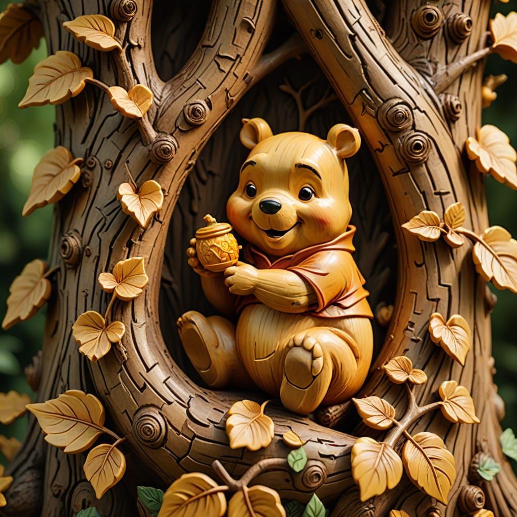 Hyper-Realistic Wood Carving of Winnie the Pooh