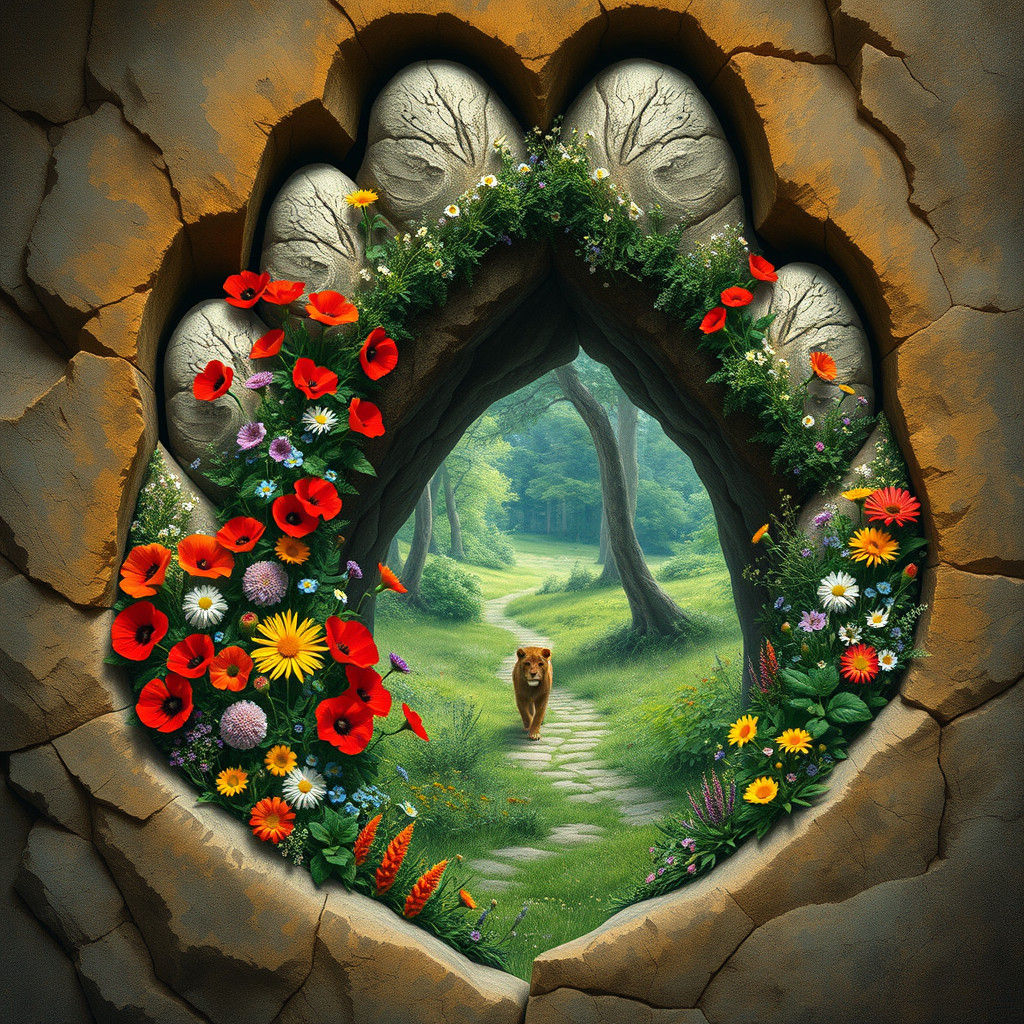 A large lion paw print carved into a rock