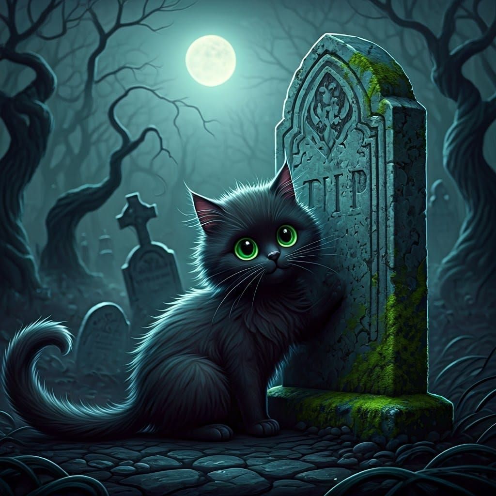 Enchanting Black Cat in Moonlit Graveyard