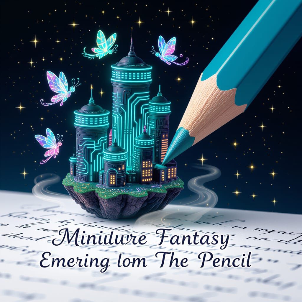 Fantasy City on Pencil Tip in Neon Lights Style