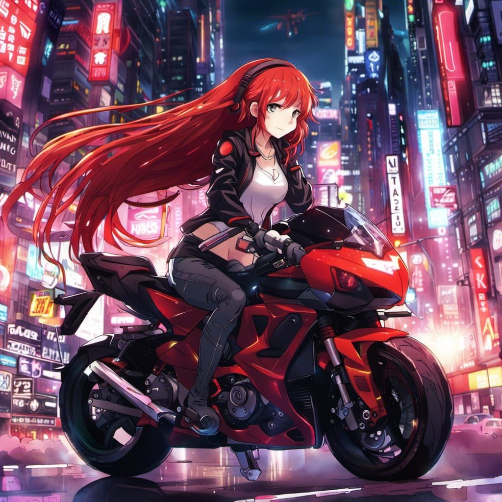Anime Girl on Superbike in Neon City