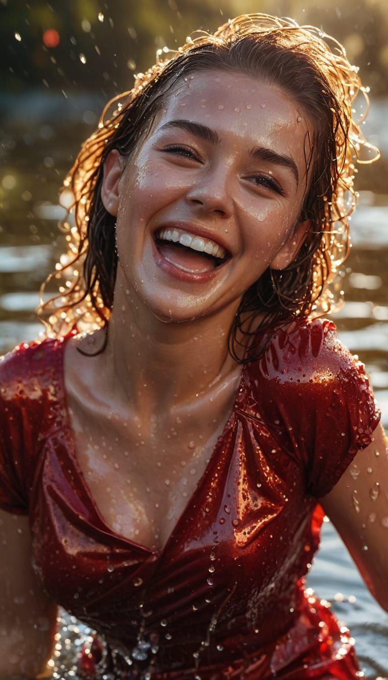 Laughing Woman in Red Dress, Hyper-Realistic Digital Art