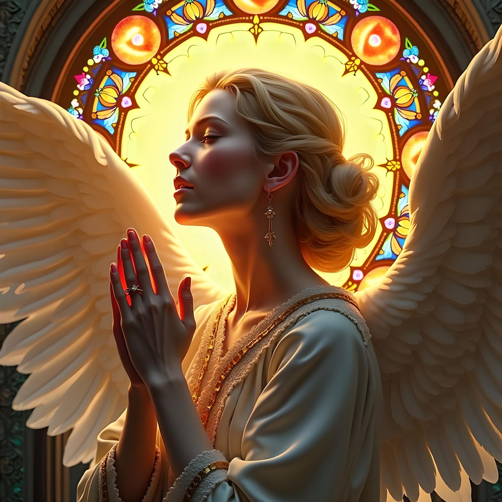 Angel Portrait with Halo and Stained Glass Background