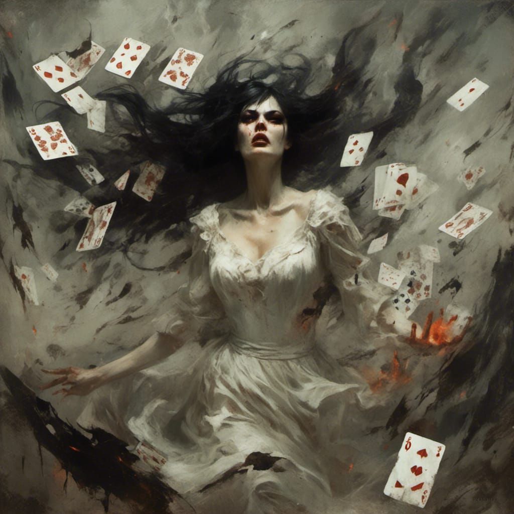 Sinister Female Ghost with Cards and Fire
