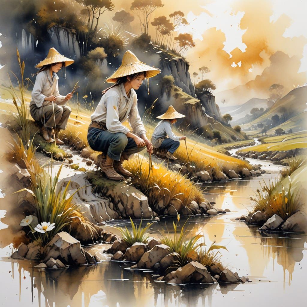 Golden Rice Terraces: Ink and Wash Landscape