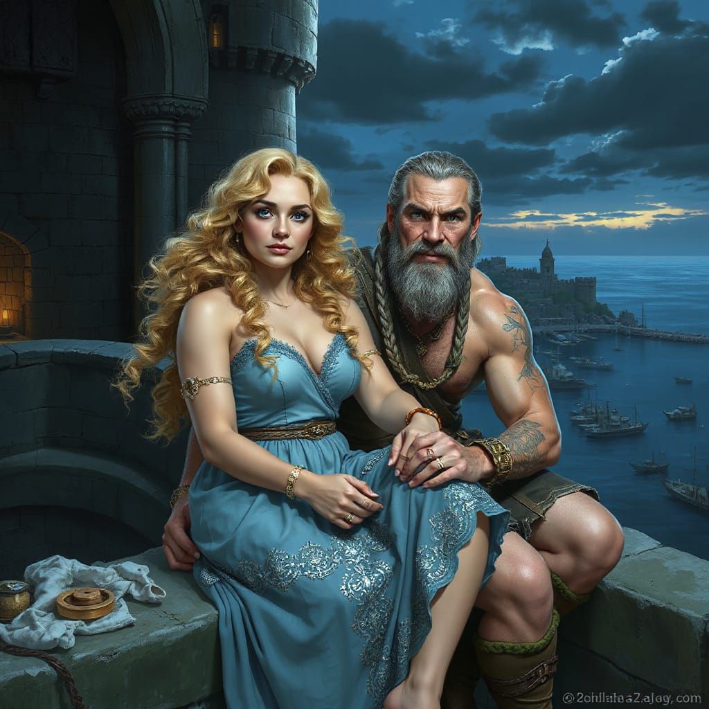 Viking and Woman on Castle Wall