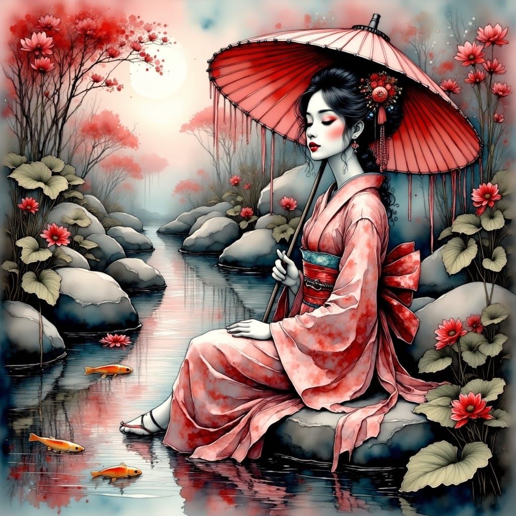 Geisha Girl Basks in Warm Light at Serene Koi Pond