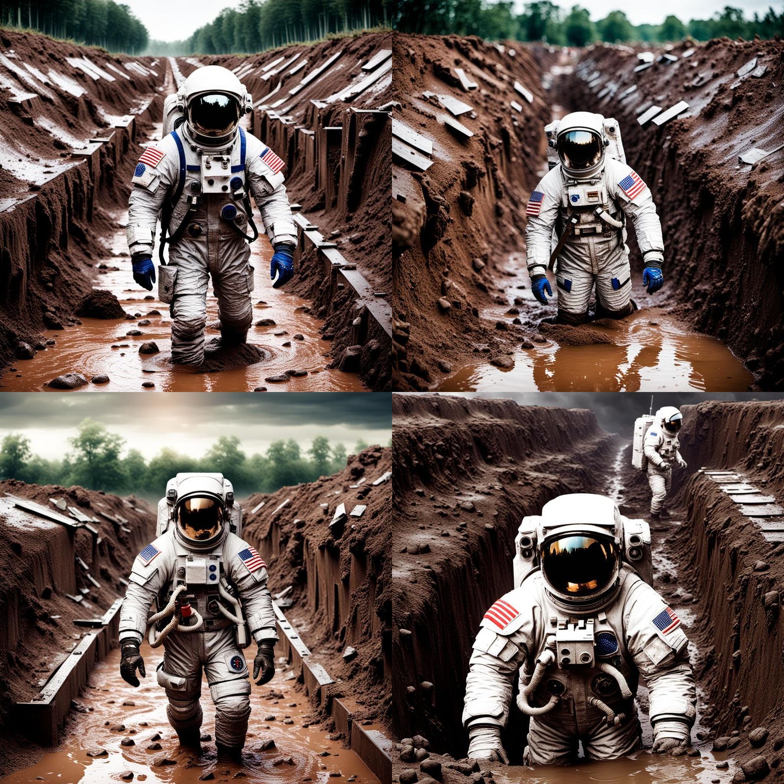 Astronaut in War Trench: A Striking Image