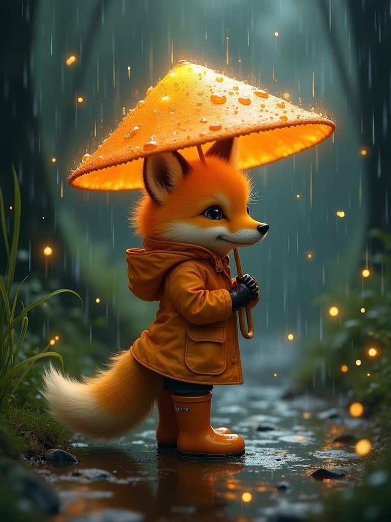 Fox Cub with Glowing Mushroom Umbrella in Enchanted Forest